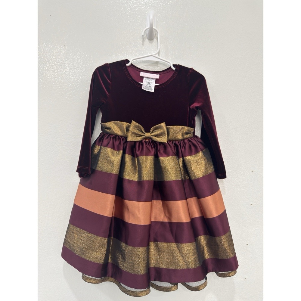 Bonnie‎ Baby Girls Holiday Velvet Dress Size 24M Burgundy Gold Bow Long Sleeve